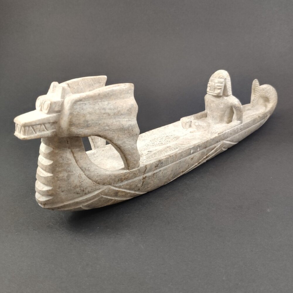 Stone Dragon Boat, VTG Canoe with Native Fisherman Hand Carved Sculpture 12.5"